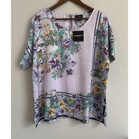 Liz Claiborne Career Silky Purple Flora Blouse Womens XL NWT Shirt Top Boho - Picture 2 of 15